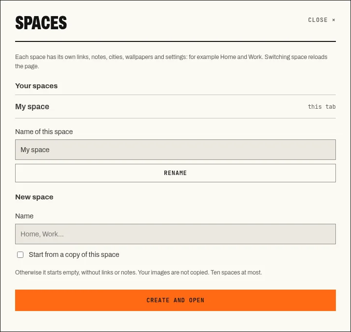 Space management window and creation form