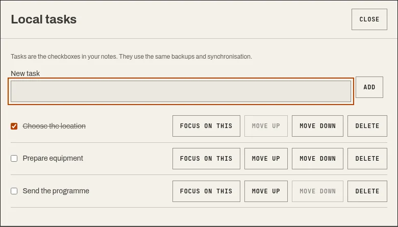 List of three demonstration tasks with checkboxes and focus controls