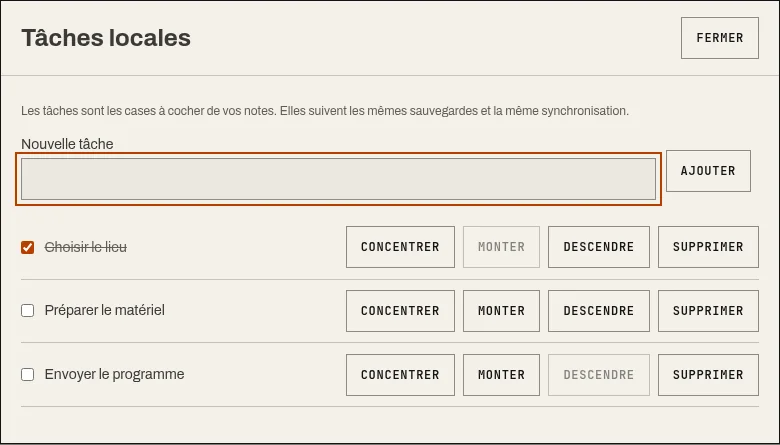 Liste de trois tâches de démonstration, avec cases à cocher et commandes de concentration